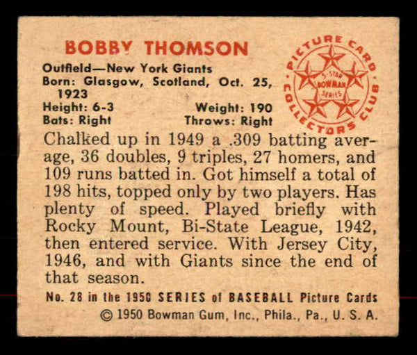 1950 Bowman Baseball #028 Bobby Thomson Giants EX 556048