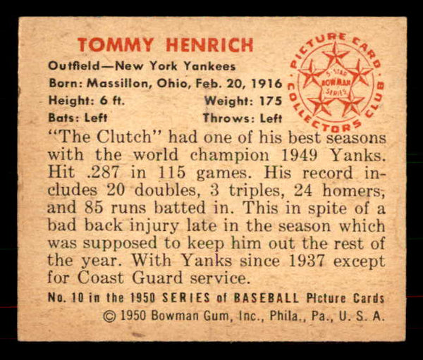 1950 Bowman Baseball #010 Tommy Henrich Yankees EX-MT 556050