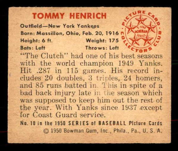 1950 Bowman Baseball #010 Tommy Henrich Yankees EX 556051