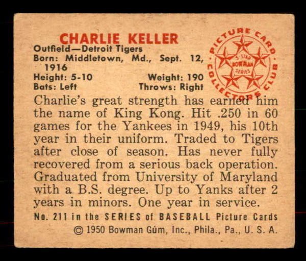 1950 Bowman Baseball #211 Charlie Keller Tigers EX 556054