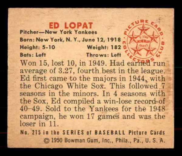 1950 Bowman Baseball #215 Eddie Lopat Yankees EX-MT 556055