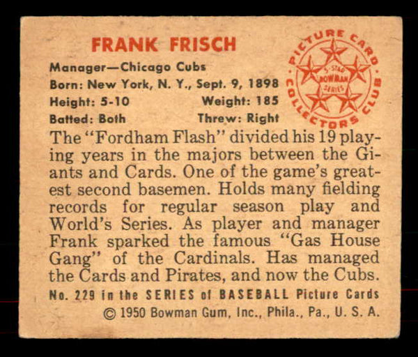 1950 Bowman Baseball #229 Frank Frisch Cubs VG-EX 556056