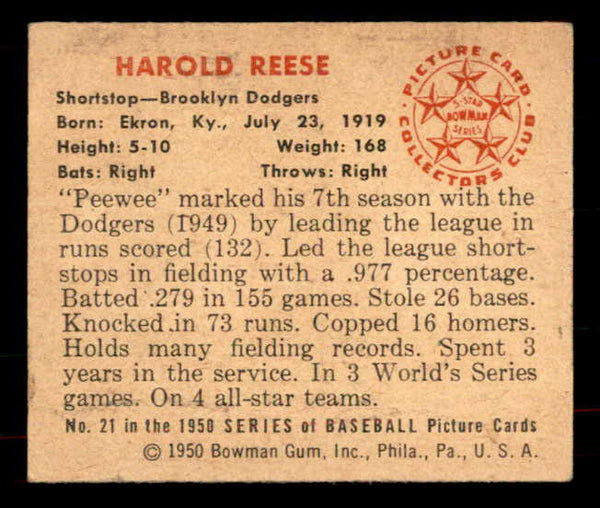 1950 Bowman Baseball #021 Pee Wee Reese Dodgers VG-EX 556058