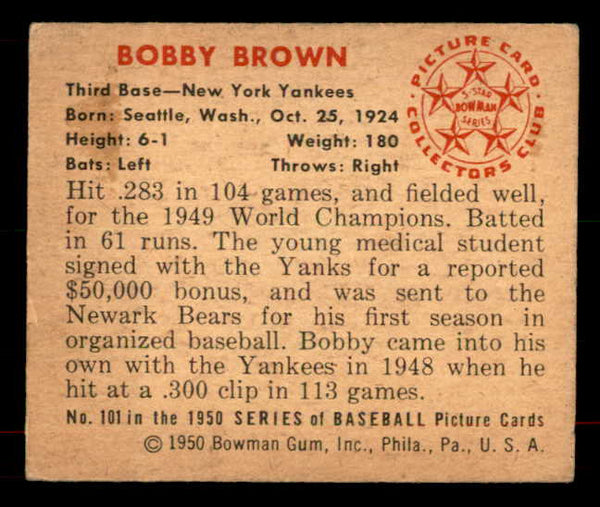1950 Bowman Baseball #101 Bobby Brown Yankees VG-EX 556061