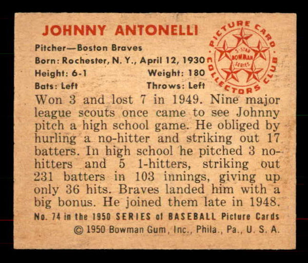 1950 Bowman Baseball #074 Johnny Antonelli Braves EX-MT 556063