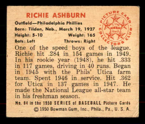 1950 Bowman Baseball #084 Richie Ashburn Phillies VG-EX 556064