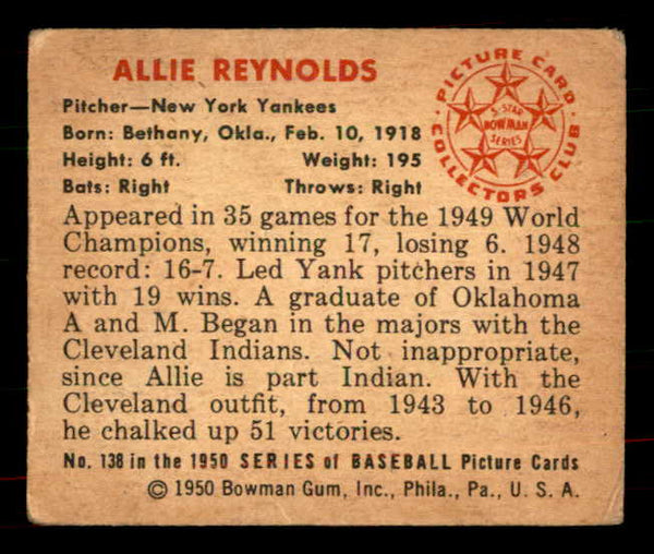 1950 Bowman Baseball #138 Allie Reynolds Yankees VG 556066