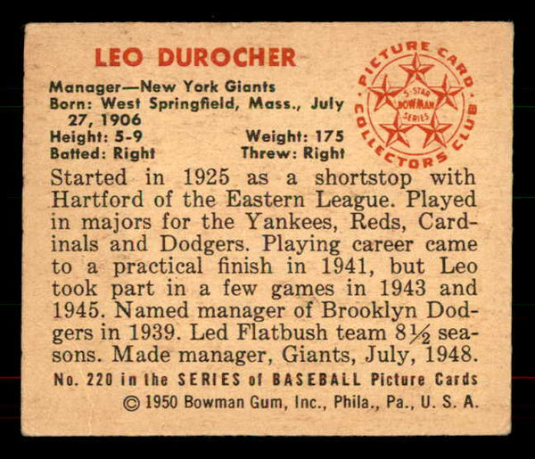 1950 Bowman Baseball #220 Leo Durocher Giants EX-MT 556068