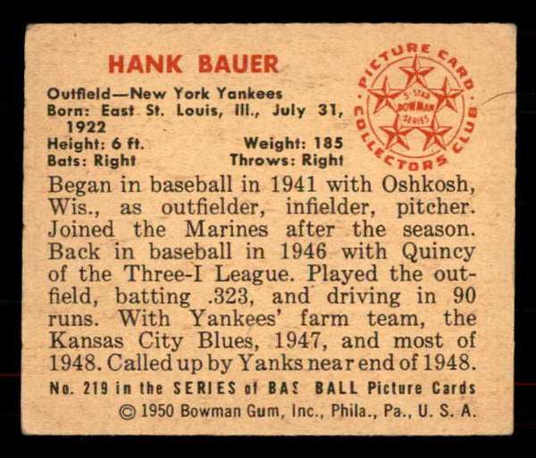 1950 Bowman Baseball #219 Hank Bauer Yankees VG-EX 556069