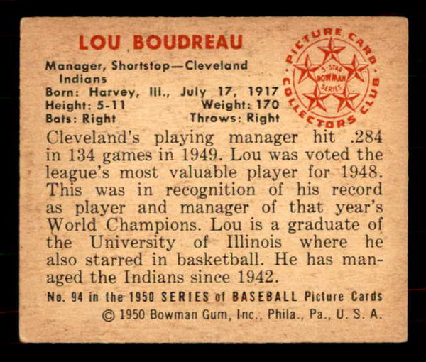 1950 Bowman Baseball #094 Lou Boudreau Indians VG-EX 556072