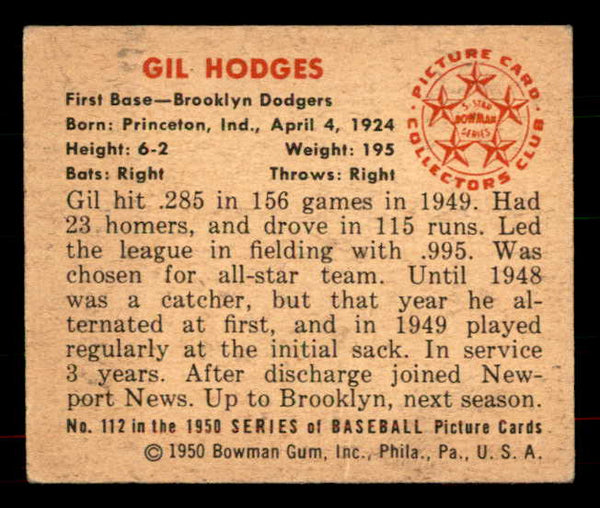 1950 Bowman Baseball #112 Gil Hodges Dodgers VG-EX 556074