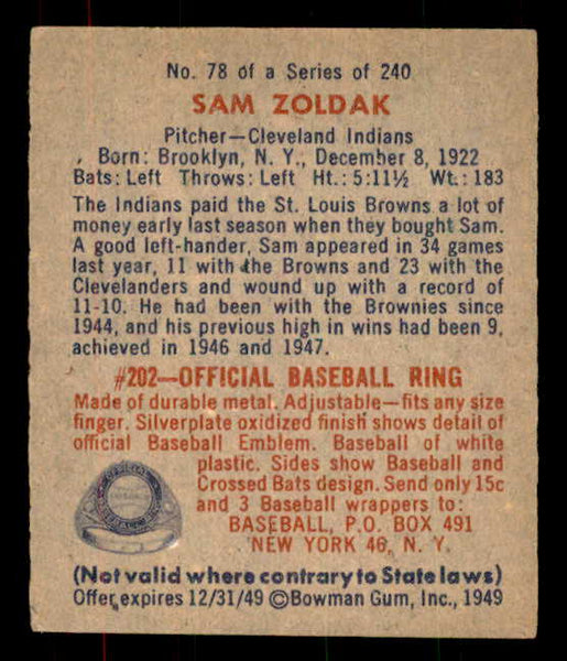 1949 Bowman Baseball #078 Sam Zoldak Indians EX-MT No Name 556075
