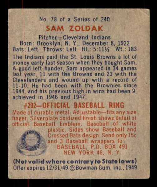 1949 Bowman Baseball #078 Sam Zoldak Indians EX-MT Name Front 556076