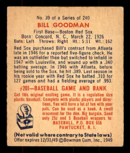 1949 Bowman Baseball #039 Billy Goodman Red Sox EX-MT 556078