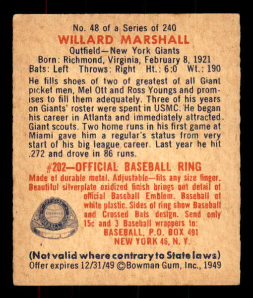 1949 Bowman Baseball #048 Willard Marshall Giants EX-MT 556079
