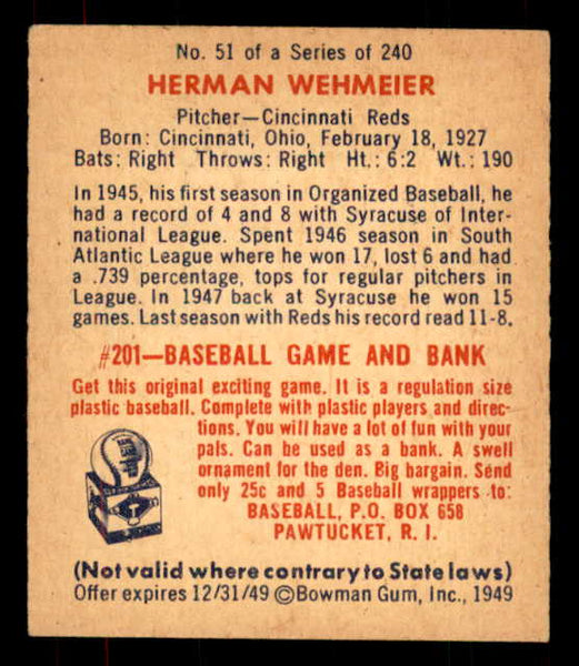 1949 Bowman Baseball #051 Herman Wehmeier Reds EX-MT 556080