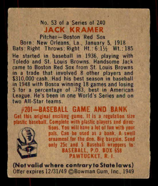 1949 Bowman Baseball #053 Jack Kramer Red Sox EX-MT 556081