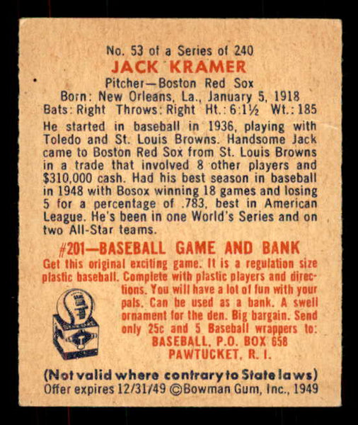 1949 Bowman Baseball #053 Jack Kramer Red Sox EX-MT 556082