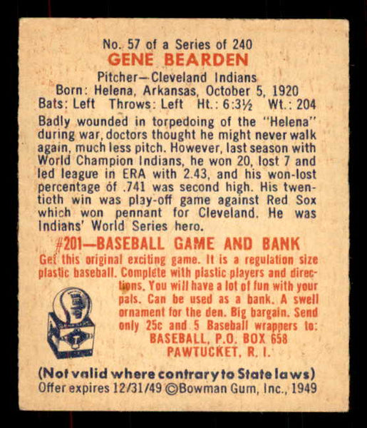 1949 Bowman Baseball #057 Gene Bearden Indians EX-MT 556083