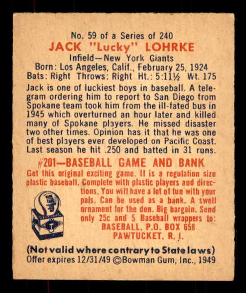 1949 Bowman Baseball #059 Jack Lohrke Giants EX-MT 556085