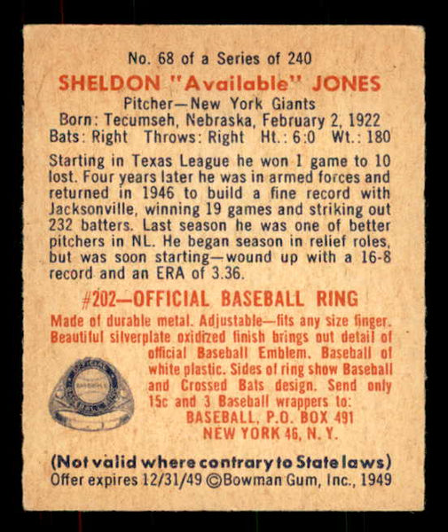1949 Bowman Baseball #068 Sheldon Jones Giants EX-MT 556086