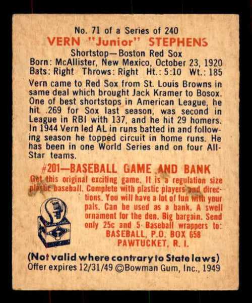 1949 Bowman Baseball #071 Vern Stephens Red Sox EX-MT 556087