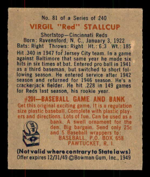1949 Bowman Baseball #081 Virgil Stallcup Reds EX-MT 556088