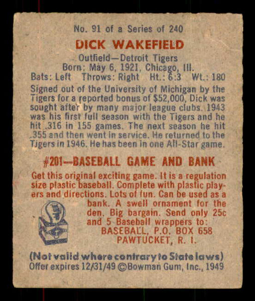 1949 Bowman Baseball #091 Dick Wakefield Tigers EX-MT 556089
