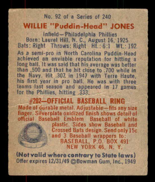 1949 Bowman Baseball #092 Willie Jones Phillies EX-MT 556090