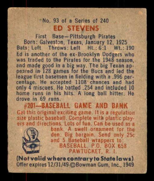 1949 Bowman Baseball #093 Ed Stevens Pirates EX-MT 556091