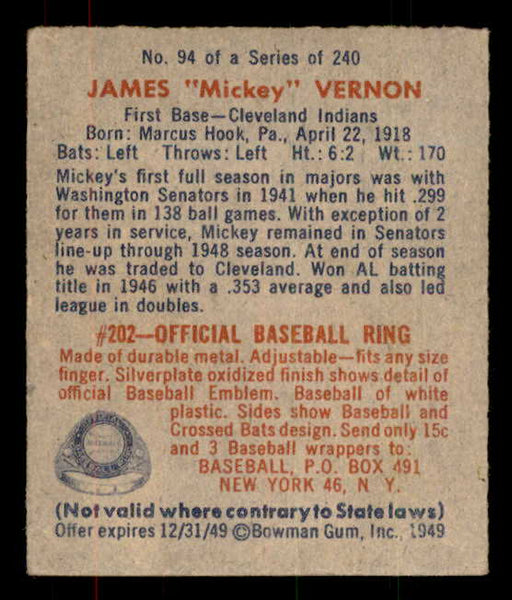 1949 Bowman Baseball #094 Mickey Vernon Indians EX-MT 556092