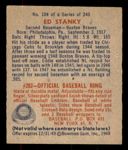1949 Bowman Baseball #104 Eddie Stanky Braves EX-MT 556094