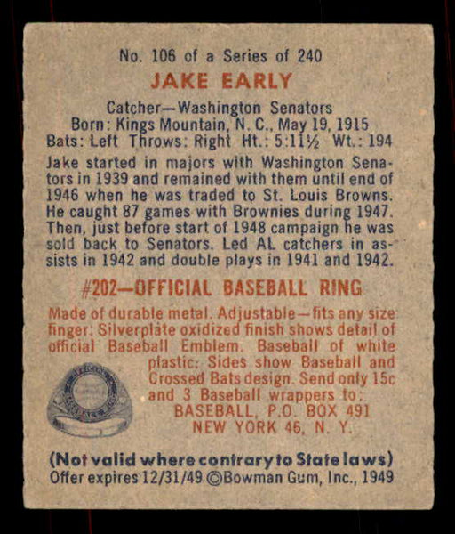 1949 Bowman Baseball #106 Jake Early Senators EX-MT 556095