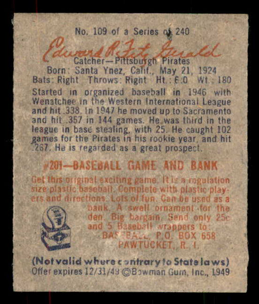 1949 Bowman Baseball #109 Ed Fitzgerald Pirates EX-MT Script 556096