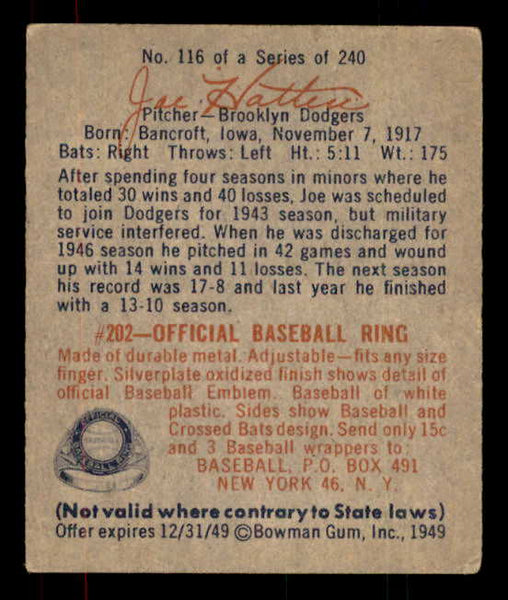 1949 Bowman Baseball #116 Joe Hatten Dodgers EX-MT 556097