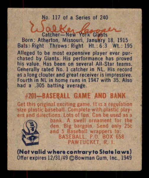 1949 Bowman Baseball #117 Walker Cooper Giants EX-MT 556098