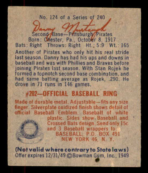 1949 Bowman Baseball #124 Danny Murtaugh Pirates EX-MT Script 556101
