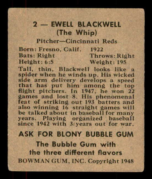 1948 Bowman Baseball #002 Ewell Blackwell Reds VG-EX 556105