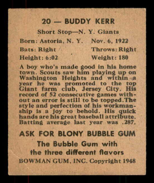 1948 Bowman Baseball #020 Buddy Kerr Giants VG-EX 556107