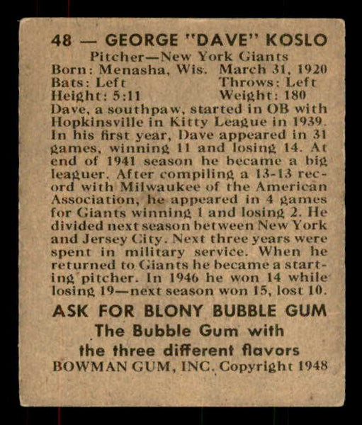 1948 Bowman Baseball #048 Dave Koslo Giants EX 556109