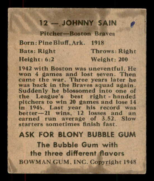 1948 Bowman Baseball #012 Johnny Sain Braves GD-VG 556110