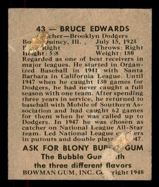 1948 Bowman Baseball #043 Bruce Edwards Dodgers FR-GD 556111