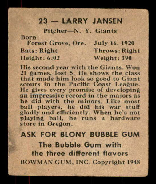 1948 Bowman Baseball #023 Larry Jansen Giants VG-EX 556112