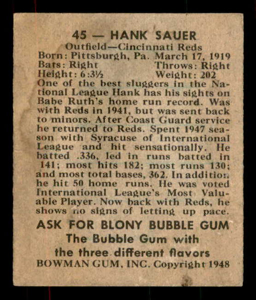 1948 Bowman Baseball #045 Hank Sauer Reds VG-EX 556113