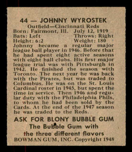 1948 Bowman Baseball #044 Johnny Wyrostek Reds VG-EX 556116