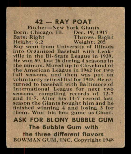 1948 Bowman Baseball #042 Ray Poat Giants VG-EX 556117