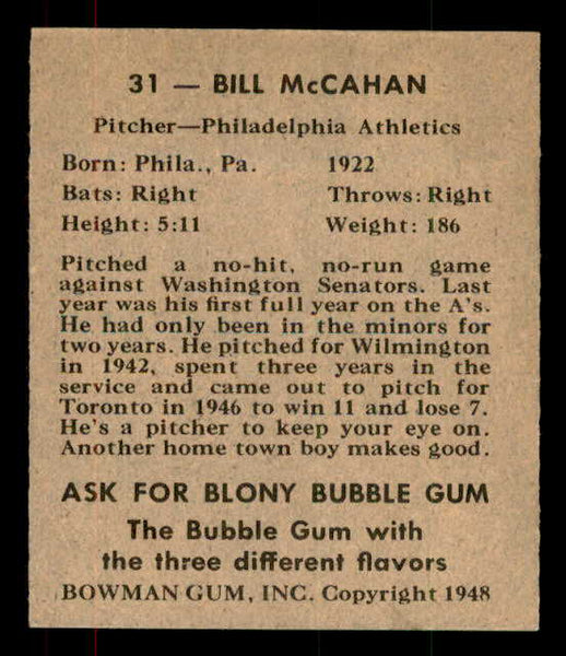 1948 Bowman Baseball #031 Bill McCahan A's VG-EX 556119