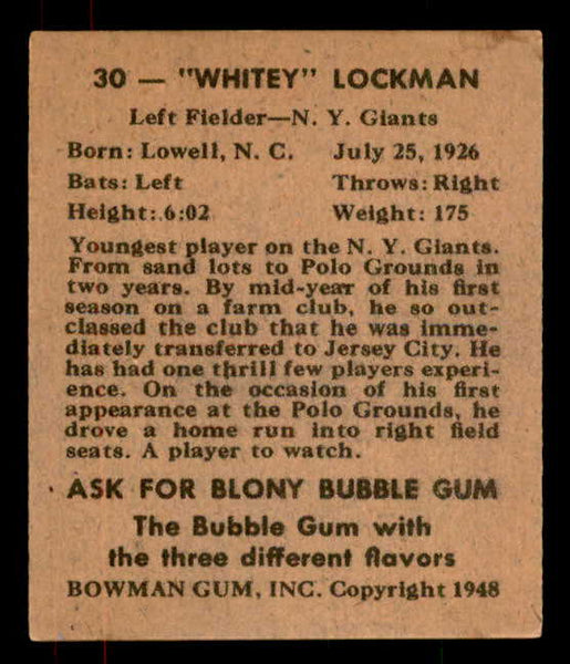 1948 Bowman Baseball #030 Whitey Lockman Giants VG-EX 556120