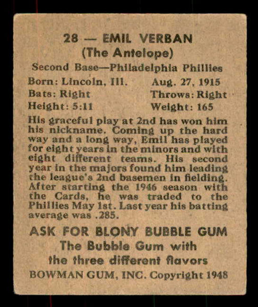 1948 Bowman Baseball #028 Emil Verban Phillies VG-EX 556122