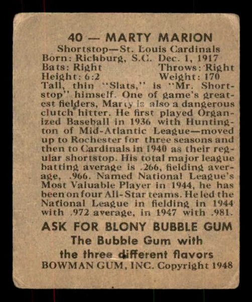 1948 Bowman Baseball #040 Marty Marion Cardinals GD-VG 556127